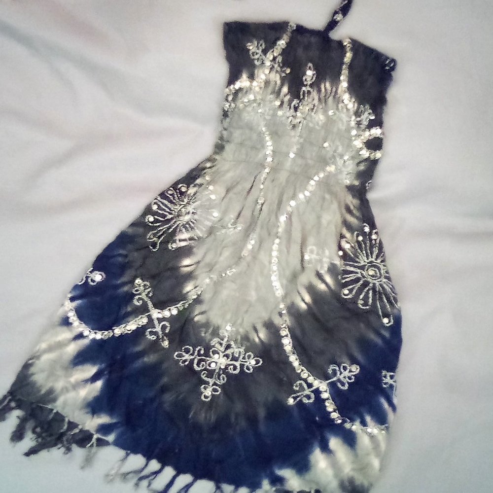 Mermaid Vibe Tie Dyed Blue Dress/Pool Coverup with Sequins and Fringe